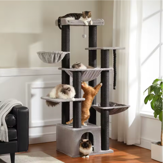 Arbre à chat en bois à plusieurs niveaux sur pied – Gris