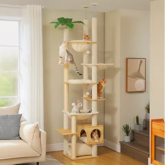 Arbre à chat en bois réglable du sol au plafond – Beige